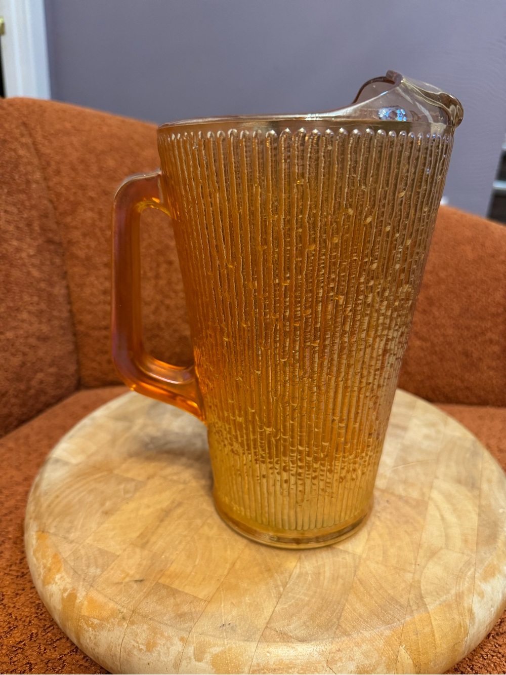Vintage Jeanette Carnival Glass Tree Bark Pattern Iridescent Marigold Pitcher